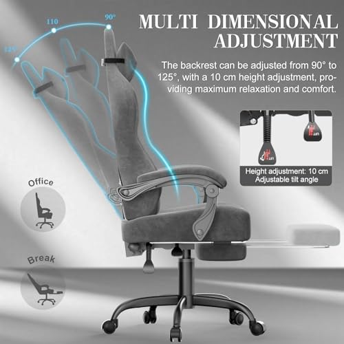 Ferghana Velvet Gaming Chair, 20.5 Inch Extra Wide Seat, Fire Embroidery Ergonomic High Back Computer Chair with Footrest, Massage Lumbar Support Reclining Gaming Chair for Adults, Grey