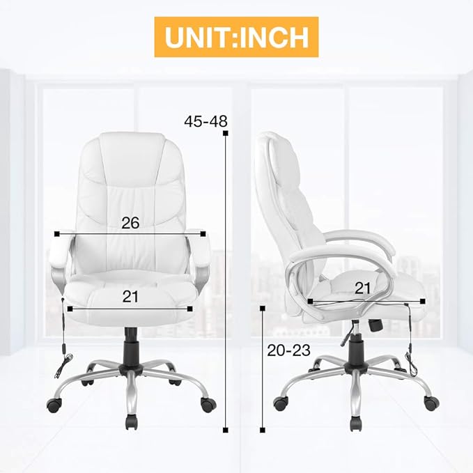 BestOffice Ergonomic White Faux Leather Executive Chair with Lumbar Support, Massage Vibration, Swivel, and Armrests for Home or Office Use