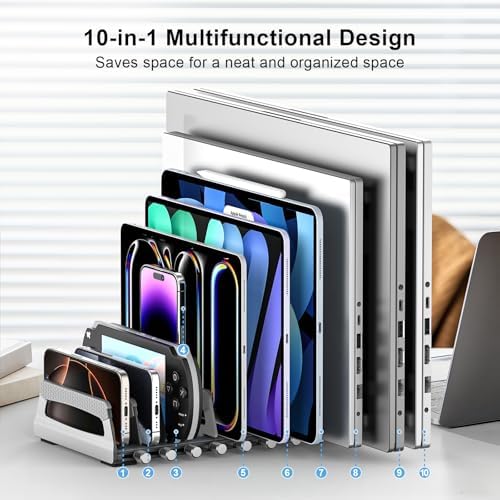 Elestoria 10-Slot Vertical Laptop Stand & Holder – Adjustable Aluminum Laptop Stand Vertical for Desk Fits 10 Devices, MacBook & Gaming Laptops (Up to 17.3”) – Space Saving Laptop Storage Rack - Grey