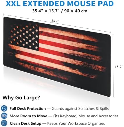 Extended American Flag Desk Mat, XXL Large Gaming Mouse Pad, Vintage Retro Style Stitched Edges Waterproof with Non-Slip Rubber Base for Computer Keyboard Laptop Work Home Office 35.4"x15.7"