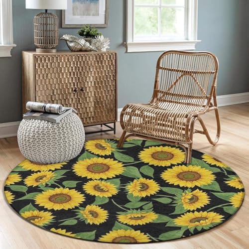 Circular Rugs Large Modern Round Area Rug Fashion Decor Mat for Home Office Beautiful Sunflower Yellow Flowers Green Leaves Black Floral, 24inch