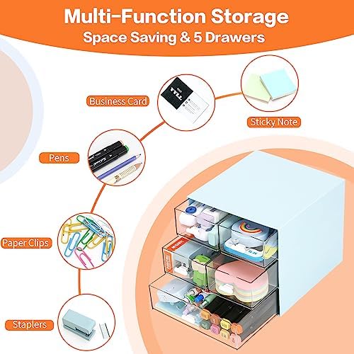 Desk Organizer with 5 Drawers, Rectangular Office Stationery Supplies Desktop Drawers, Plastic Makeup Storage, Suitable for Office, School, Home (Blue & 5 Drawers)
