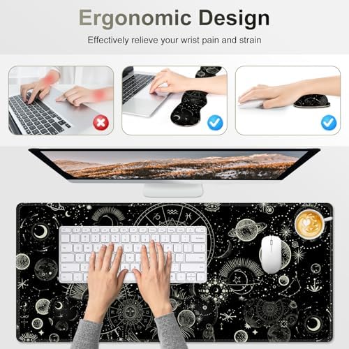 Gaming Mouse Pad Keyboard Wrist Support, 4 in1 Mousepad Set with Wrist Keyboard Rest, Computer Desk Mat, Non-Slip Desk Pad Protector with Memory Foam Easy Typing Pain Relief I Moon Sun Cosmic