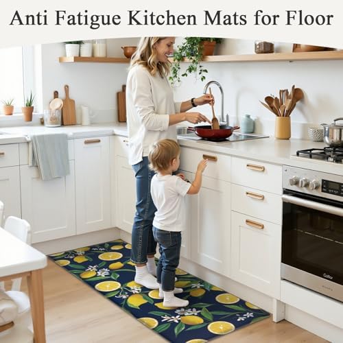 SHACOS Anti Fatigue Lemon Kitchen Rugs Mats Set of 2 Pieces Non Slip Soft Cushioned Standing Desk Mats Wipeable Waterproof Floor Mat for Kitchen Laundry, 17"x27.5"+17"x47", Dark Blue