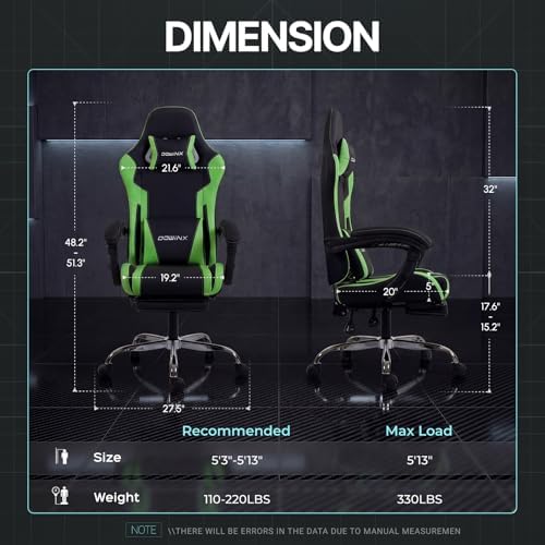 Dowinx Gaming Chair Ergonomic, Massage Lumbar Support, Footrest, Adjustable Height & Headrest Pillow, Heavy Duty 330lbs Office Chair, Comfortable for Back Pain Relief Long Gaming Streaming Deep Green