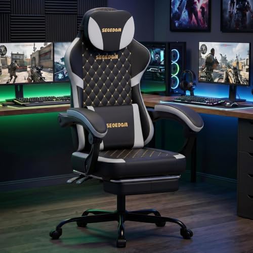 Ergonomic Gaming Chair with Footrest & Massage Lumbar Pillow, Height Adjustable 360° Swivel Computer Chair, Linked Armrest & Headrest for Office Gaming (Black White)
