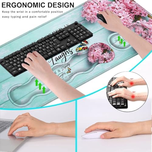 Keyboard Wrist Rest and Mouse Pad with Wrist Support Set Ergonomic Coaster,Memory Foam,Easy Typing Pain Relief,Large XL Desk Mat 31.5"x 11.8",Pink Hyacinth Bible Verse Proverbs 31-25