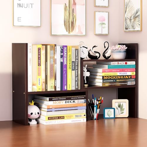 Desktop Shelf Organizer, Adjustable Wood Office Storage Rack, Counter Display Small Bookshelf for Home/Office/School(Dark Walnut)