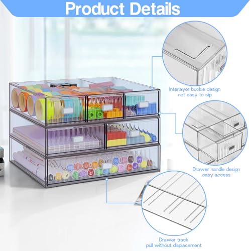 3 Tier Stackable Desk Organizer with 6 Drawers, YOCOMEY Plastic Desktop Storage Box Drawers, Detachable Makeup Storage Office Stationery Supplies Organizer for Office School(Clear)