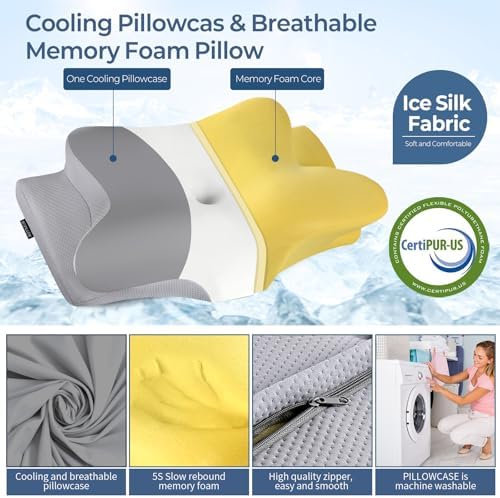 Cervical Pillow for Neck Pain Relief, Ergonomic Neck Pillow for Sleeping, Contour Side Sleeper Pillow for Neck Support, Orthopedic Cooling Memory Foam Pillows for Back Stomach Sleepers (Grey& White)