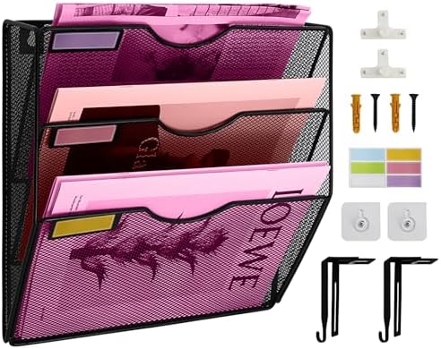 3 Pockets Mesh Wall File Holder Organizer Office Hanging File Folder Magazine Rack, Nametag Label Hooks Set Included (Black)