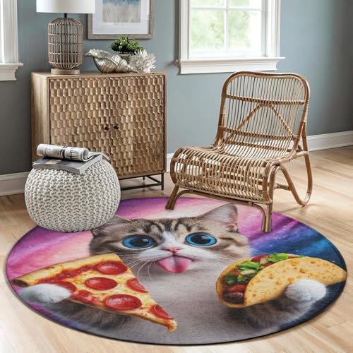 Soft Round Yoga Carpet, Office Chair Decor Round Mat for Carpet and Hardwood Floors Funny Cute Galaxy Cat Taco Pizza