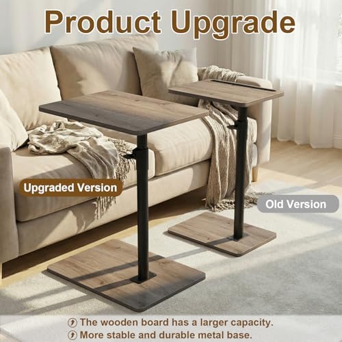 YUHFERA Sofa Armrest Tray Table for Couch - 360 Swivel Height Adjustable C Shaped End Table for Small Spaces, Snack Side Table for Bed or Chair with Phone & Tablet Slot (Gray, Enlarged)