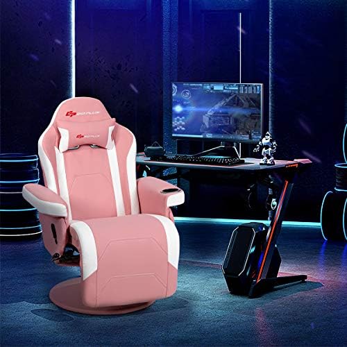Goplus Pink Massage Gaming Chair, Racing Style Gaming Recliner w/Adjustable Backrest and Footrest, Ergonomic High Back PU Leather Computer Office Chair Swivel Game Chair w/Cup Holder and Side Pouch