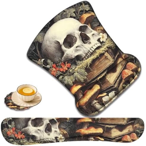 Ergonomic Keyboard Wrist Rest & Mouse Wrist Support Set with Lace Coaster, Gel Memory Foam Anti-Slip Base, Pain Relief for Typing, Gothic Skull & Mushroom