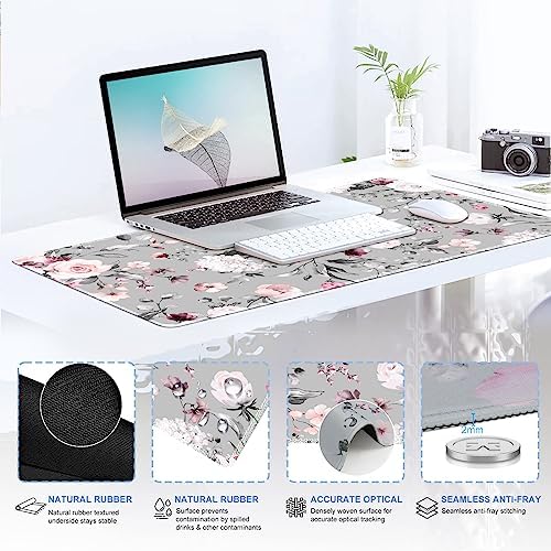 iCasso Desk Blotter for Workspace, Pink Floral 35.4"x15.7" Mousepad