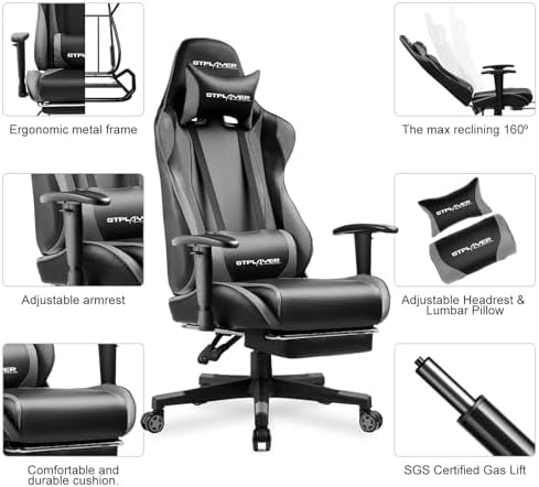 GTPLAYER Gaming Chair with Footrest, Ergonomic Computer Game Desk Chair, Reclining Gamer Chair Seat Height Adjustment, Swivel Rocker with Headrest and Lumbar (Gray)