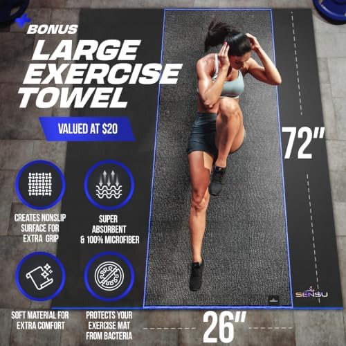 Sensu Large Exercise Mat – Extra Thick Non-Slip Workout Mat for Home Gym, Durable Shoe-Friendly Fitness Mat for Strength Training, Stretching, Cardio, and Balance Workouts (Multiple Sizes)