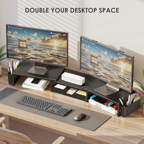 OPNICE Desk Organizers and Accessories, Dual Monitor Stand Riser with Drawer and 2 Pen Holders, Desk Shelf Computer Racks & Printer Stand for Office Workspace Organizers, Desktop Organization (Black)