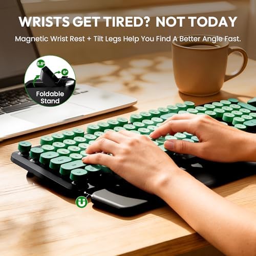 Wireless Keyboard and Mouse Combo, Cute Typewriter, Magnetic Wrist Rest