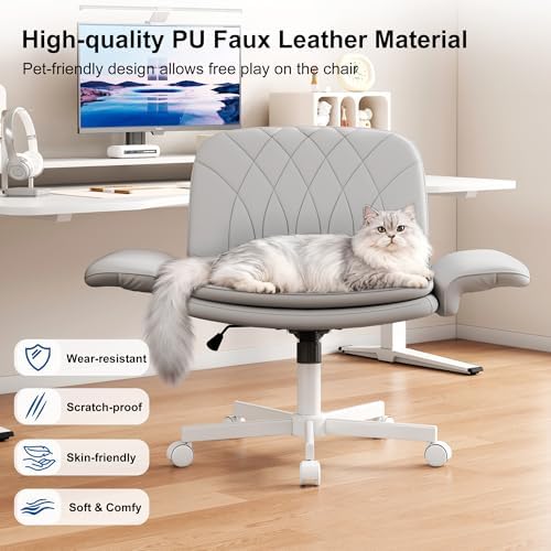 Misolant Criss Cross Chair with Armrests & Wheels for Cross-Legged Sitting, Comfortable PU Leather Vanity Chair, Office Desk Chairs with Adjustable Rocking Function, for Home, Bedroom Gray