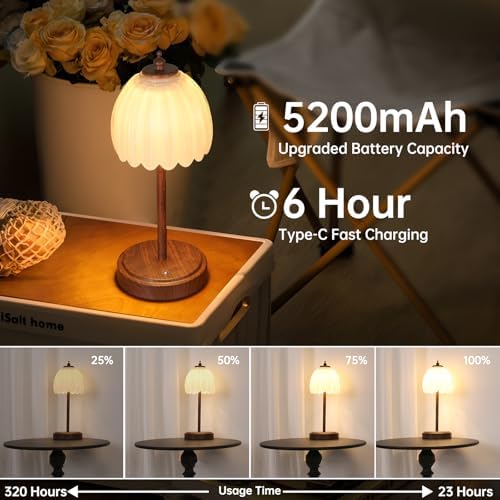 Shenmoyl Tulip Table Lamp with 5200mAh Battery & Touch Control, Small Cordless Table Lamp with 3 Colors, Rechargeable Battery Operated Table Lamps for Bedroom, Desk, Bedside (White-Walnut Color)
