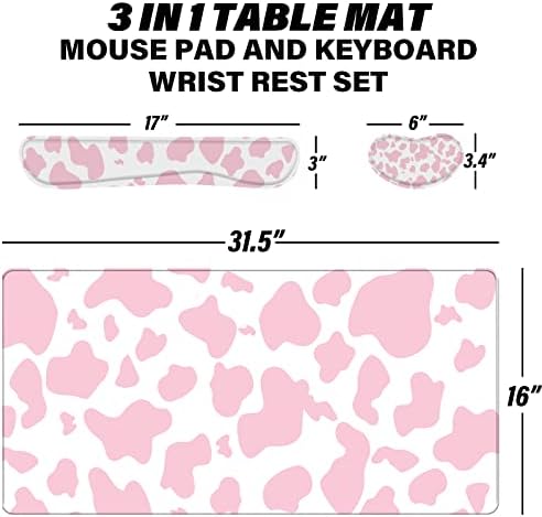 3Pcs Large Gaming Mouse Pad Desk Mat,Keyboard Mouse Wrist Rest Support Set,Extended Laptop Mouse Pad Memory Foam Non-Slip Base for Gamer Home Office(31.5x15.7in)-Pink Cow Pattern