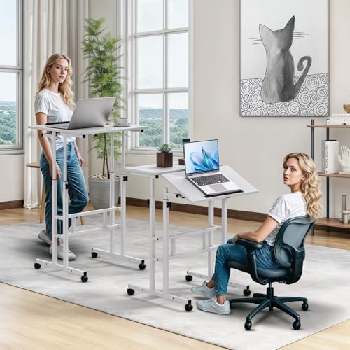 Magshion Rolling Standing Desk with Wheels, Height Adjustable Laptop Desk for Walking Pad, Mobile Workstation with Tilt Top, 28" to 46" Height Range for Home Office & Small Spaces, White