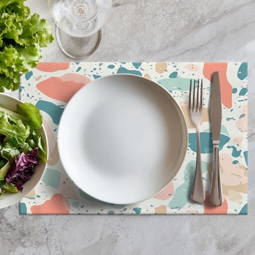 Batmerry Terrazzo Inspired Abstract Linen Placemats Set of 8, Pastel Geometric Shapes Washable Table Mats for Kitchen Table Thickened Heat Insulation Dining Set Indoor Outdoor 12X18 in