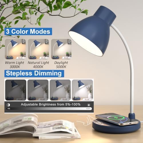 LED Desk Lamp for Home Office with Wireless Charger, Navy Blue