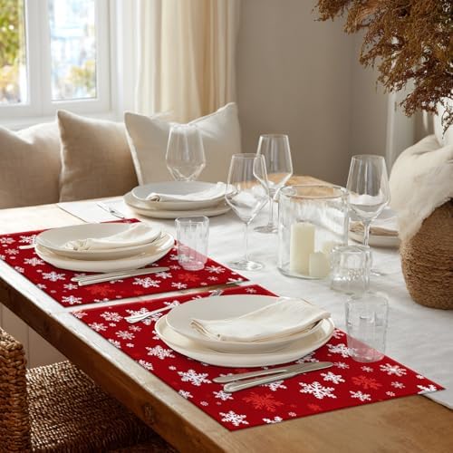 Shrahala Christmas White Snowflakes Set Of 4 12 X 18 Inch Linen Placemats , Red Background Cute Burlap Table Mat Washable Double Layered Heat Insulation For Indoor/Outdoor