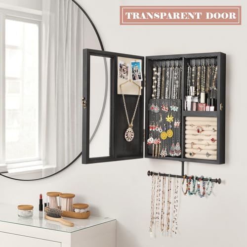 Keebofly Wall Mounted Jewelry Organizer With Rustic Wood Large Space Jewelry Cabinet, Holder, Storage Box for Necklaces, Earrings, Bracelets, Ring Holder, and Accessories Black