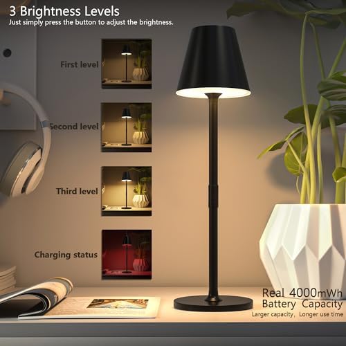 Timjorman 2-Pack Cordless Table Lamps - 5000mAh Rechargeable Battery Operated Desk Lamp, 3-Level Dimmable LED Night Light for Bedroom, Dining, Restaurant - Metal Design (Black 2-Pack)