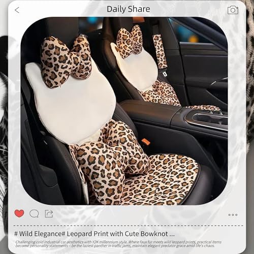 2PCS Chic Car Headrests with Bow-Shaped Cotton Linen Bowknot Neck Pillows for Cozy Road Trip & Cute Interior Decoration (Leopard)