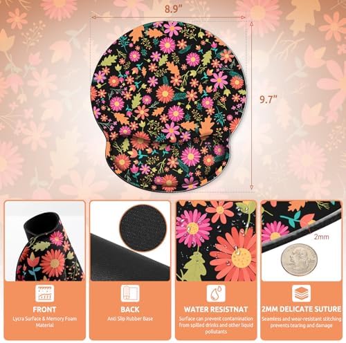 KONVINIT Ergonomic Mouse Pad with Wrist Rest, Small Mousepad with Non-Slip Rubber Base and Smooth Surface, Black Flowers Mouse Pads for Desk, Office Desk Accessories