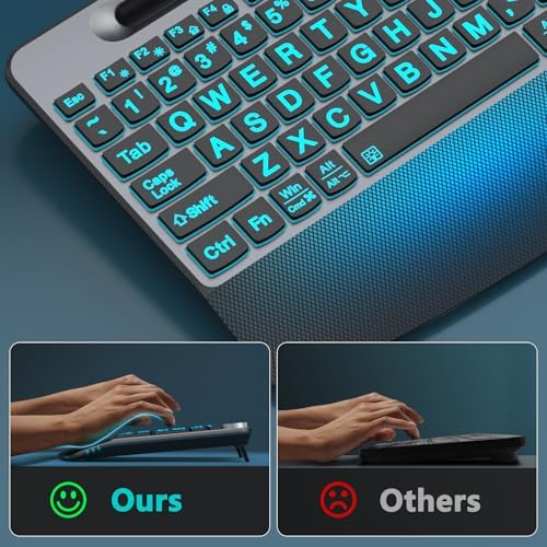 GAMCATZ Large Print Backlit Wireless Keyboard with Wrist Rest-Low-Profile,Phone/Tablet Holder,Rechargeable with Light Up Keyboard,Ergonomic Quiet Computer Keyboard for Desktop,Laptop, PC, Mac-Grey