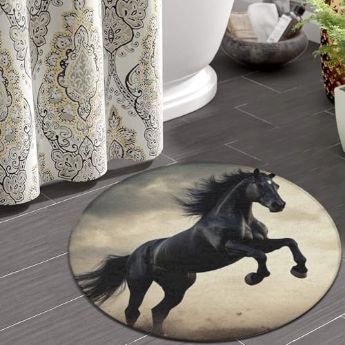 Large Home Decor Mat, Soft Round Yoga Carpet, Non Slip Machine Washable Kitchen Office Circle Rug Horse Black