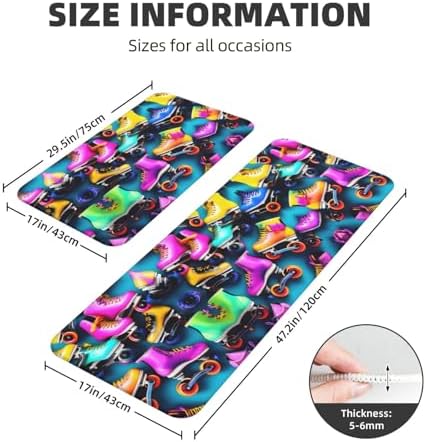 Colorful Roller Skates Print Kitchen Rugs Mats Sets,2pcs Absorbent Non-Slip Rug,Soft Comfort Floor Mat,for Hallway Office