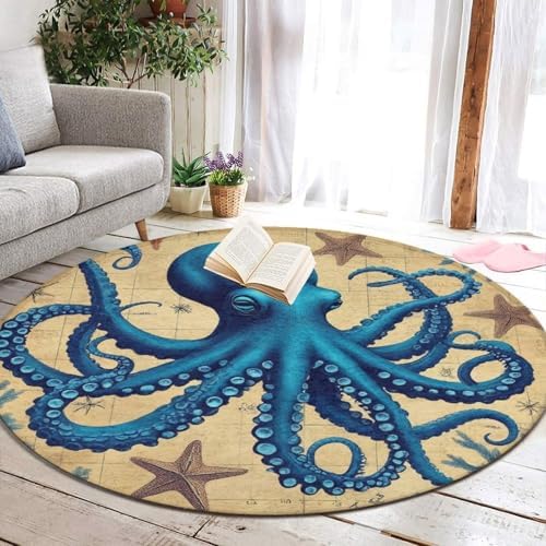 Men's Large Home Decor Mat, Soft Round Yoga Carpet, Non Slip Machine Washable Home Office Circle Rug Retro Octopus