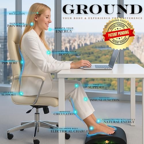 Grounding Foot Rest for Under Desk at Work Mat for feet World's First Grounding Foot Stool with Memory Foam Adjustable Height Back Knee Pain Relief Energy Better Sleep Comfort Gaming Chair Office Home