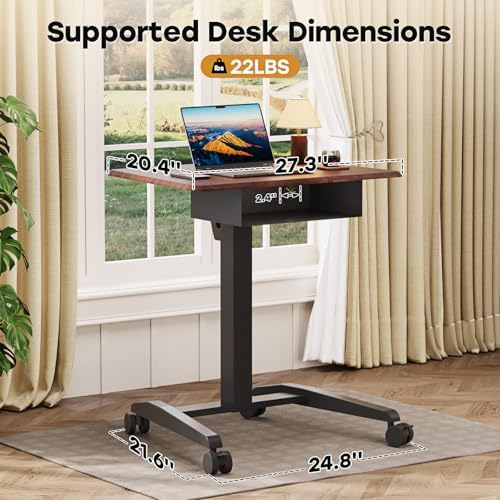 JOY worker 28" Pneumatic Mobile Laptop Desk with Storage Shelf, Dark Walnut