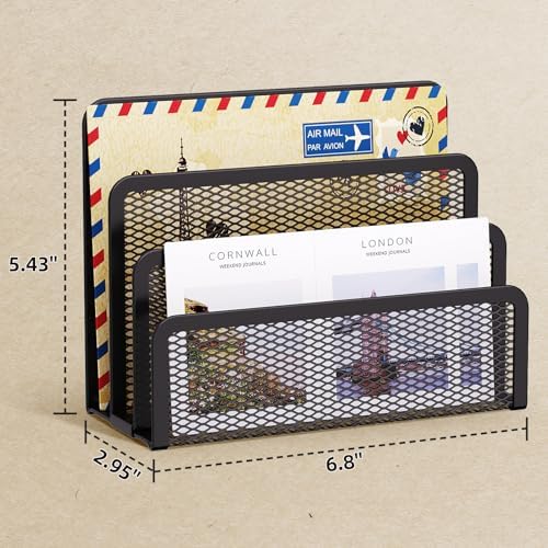 Marbrasse Mail Organizer for Desk, 3-Slot Mesh Metal Mail Holder countertop, Letter Holder, Office Desktop Envelope and Document Storage Rack (Black)