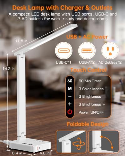 LED Desk Lamp with USB Charging Port for Dorm Office, 800lm, CRI 92, White
