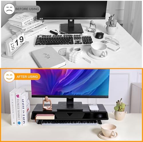 Homerays Monitor Stand with Drawer, Exquisite Computer Monitor Stand for Desk, Ergonomic Wood Monitor Stand Riser for Computer,Laptop,Printer,TV,Bamboo,Black