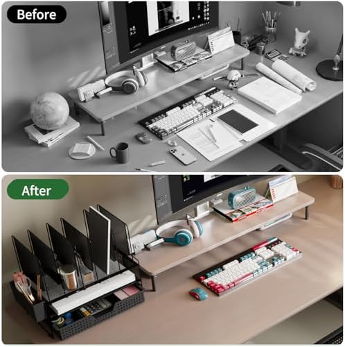 LEKETREE Desk Organizer, Office Organization with Vertical File Holder, File Organizer with Drawer and Pen Holder, Desk Accessories and Workspace Organizers for Home Office (Black)