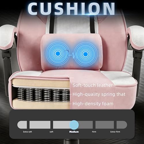 Shintenchi Big and Tall Gaming Chair Fabric Pocket Spring Cushion, High Back Recliner with Footrest and Headrest for Adults, Massage Lumbar Support for Home Office, Ergonomic Computer Desk Chair, Pink