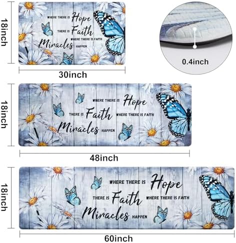 Likiyol Butterfly Floral Kitchen Mats for Floor Farmhouse Anti Fatigue Mats for Kitchen Floor, White Daisy Kitchen Rugs Non Slip Washable Floor Comfort Mats, 18'' x 30'' + 18'' x 48'' + 18'' x 60''