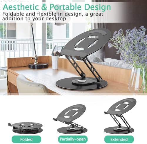Laptop Stand for Desk Adjustable Computer Stand with 360 Rotating Base Ergonomic Laptop Riser Mount for Desk Foldable Protable Computer Desk Fits with MacBook Pro Air, Round Black