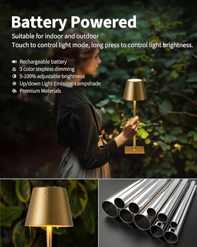 KDG Gold Cordless Table Lamps Set of 2, 4000mAh Rechargeable LED Desk Lamp