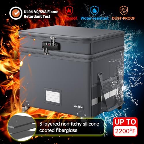 DocSafe Fireproof Document Box with Lock,2-Layer File Box with Wheels,Collapsible File Storage Organizer with Pockets,Large Portable Office Filing Cabinet for Hanging Folders,Gray,16''x13.8''x12.2''